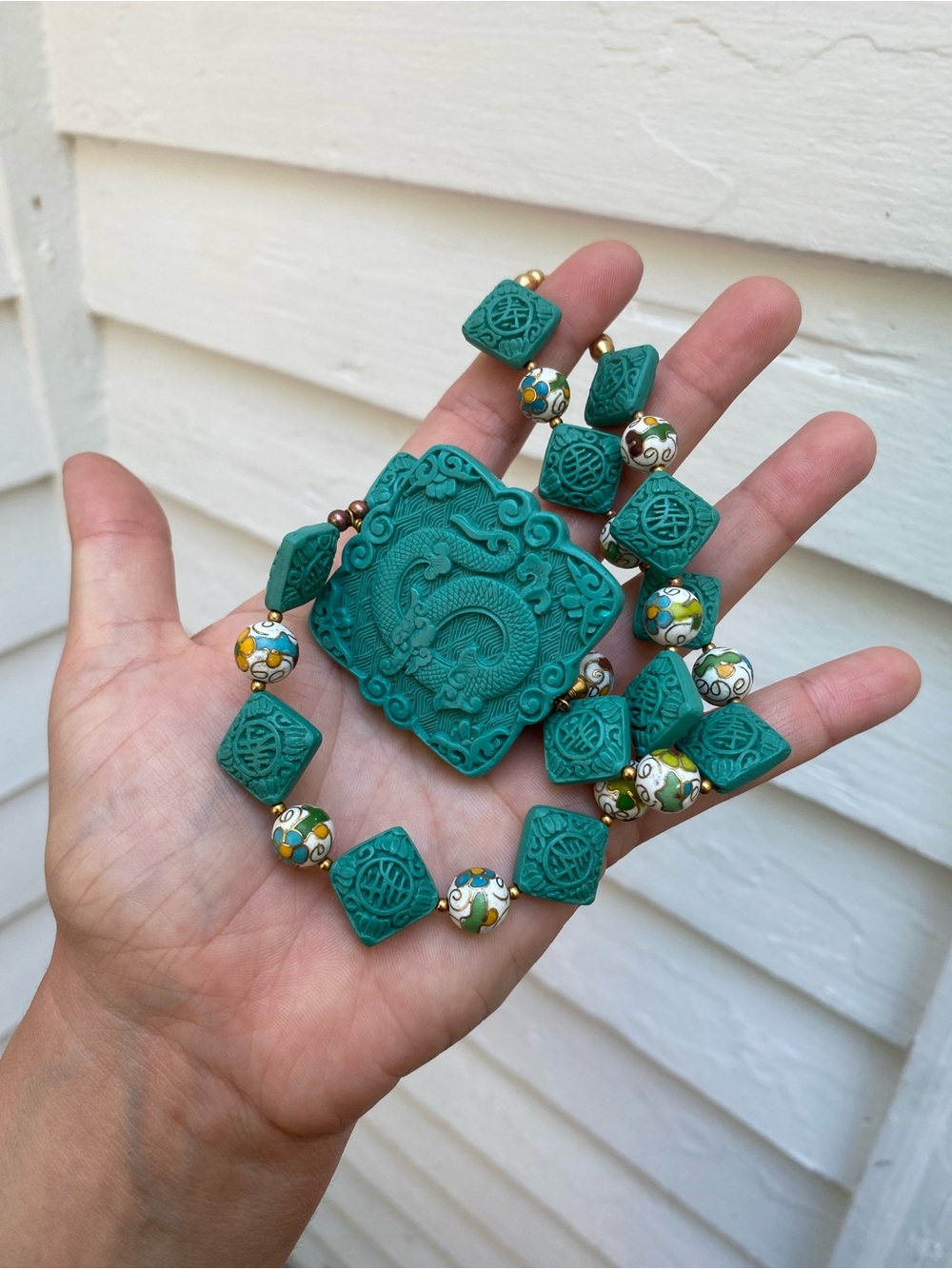 Handcrafted Carved Turquoise f Cinnabar Dragon Pendant, Shou, Cloisonné Necklace - Picture 15 of 15